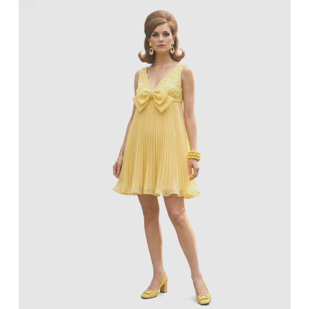 Yellow Lace & Pleated Mini Dress with Bow